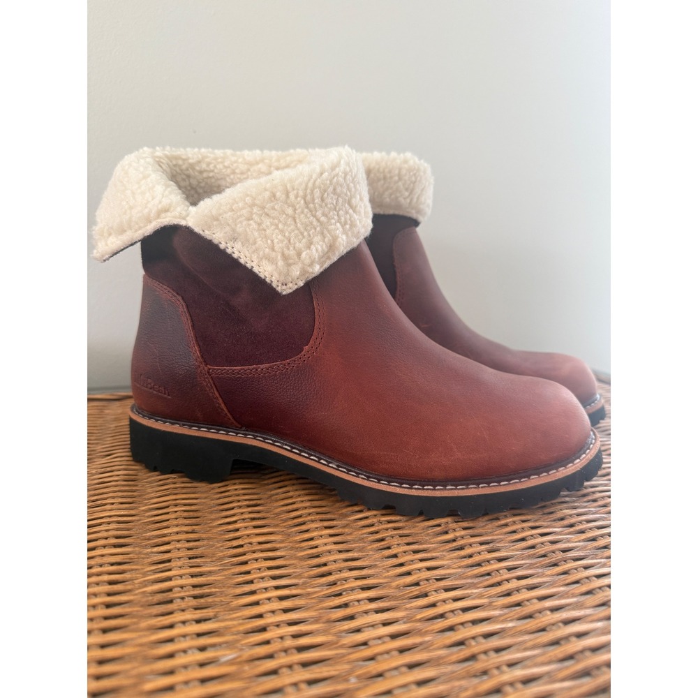 LL Bean Womens Rugged Cozy Boots Leather Mid Brown Sherpa Lined Sz 8.5M Winter - Picture 7 of 11